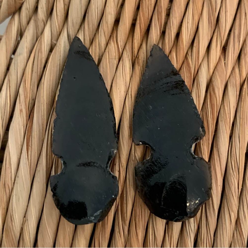 2 Black Obsidian Arrowheads Points Hand Knapped Dragon Glass Arrowhead Set 1.7"